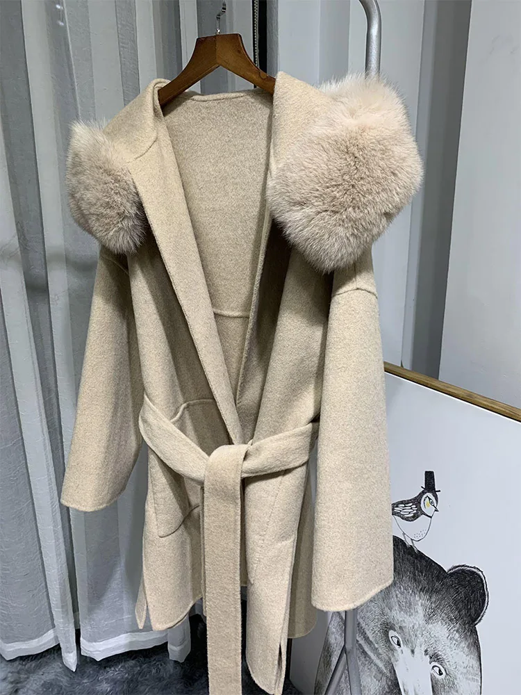 2023 New Women Natural Big Fox Fur Collar Wool Coat Double-sided Cashmere Coat Hooded Wool Jacket Fashion Lace-up Fit Autumn Win