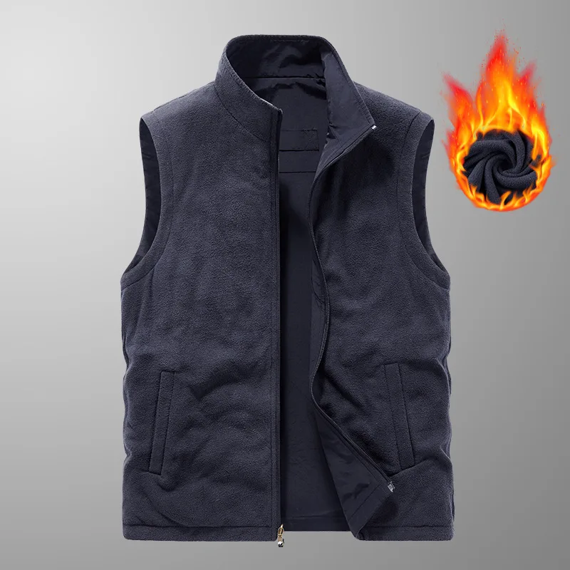 New Fashion Men Reversible Fleece Warm Vests Sleeveless Jackets Man Spring Autumn Outdoor Multi Pockets Casual Waistcoats 6XL