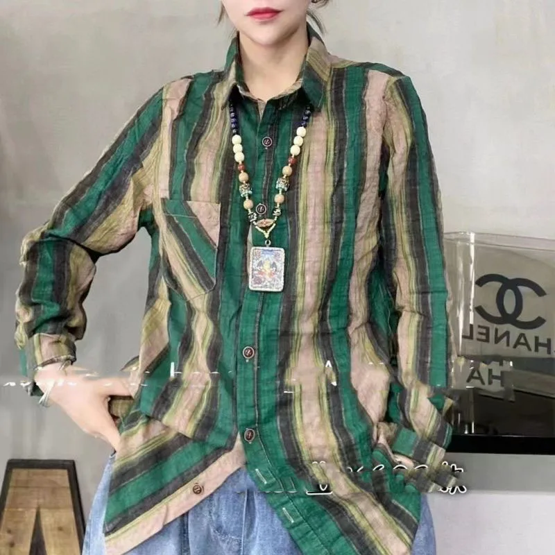 Spring Autumn New Women\'s Korean Version POLO Collar Stripes Button Pockets Spliced Fashion Loose Casual Long Sleeve Shirt Tops