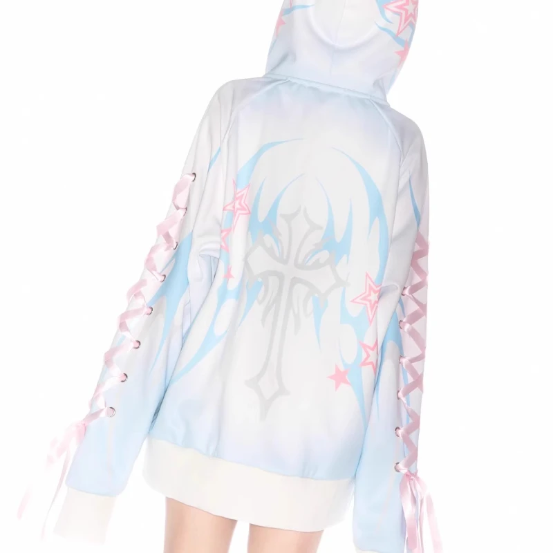 Japanese Original Autumn Winter Women's Clothing Cartoon Bow Lace-up Hoodies Loose Thin Sweet Zipper Sweatshirts Coat Ladies