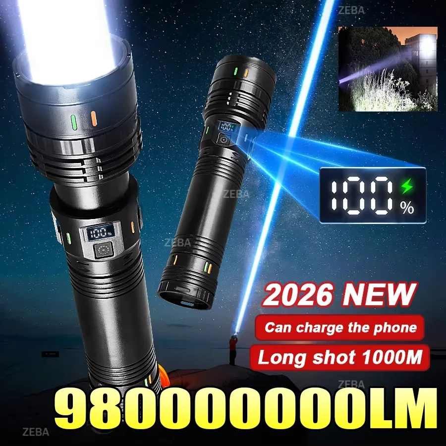 

2026 NEW Ultra Bright LED Flashlight 980000000LM Long Shot Tactical Torch Rechargeable Portable Lamp Outdoor Camping Lantern