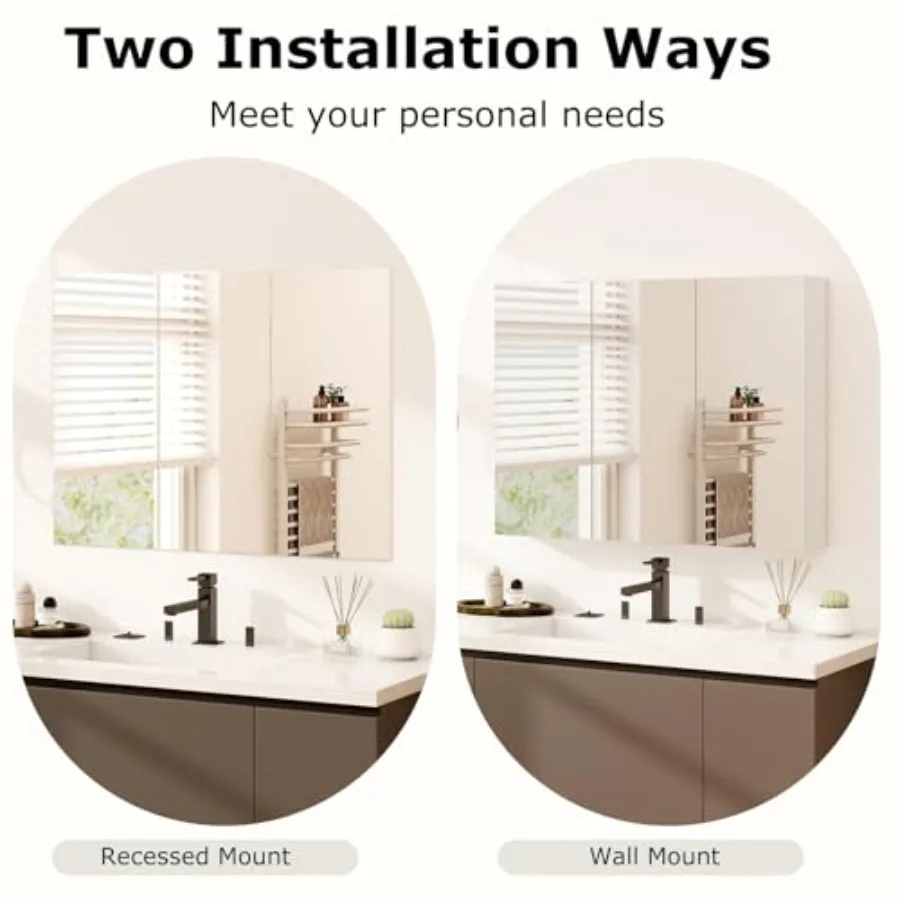 Bathroom mirrored medicine cabinet, white MDF, large wide wall-mounted storage with 3 mirror doors, hanging organizer, 34.5 x 5 view 6