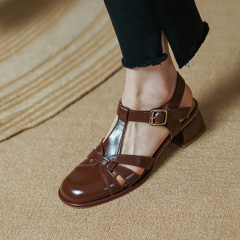 2022 New Simple Buckle Genuine Leather Sandals Women Round 4cm High Heels Shoes Summer Ladies Retro Dress Shoes Women Sandals