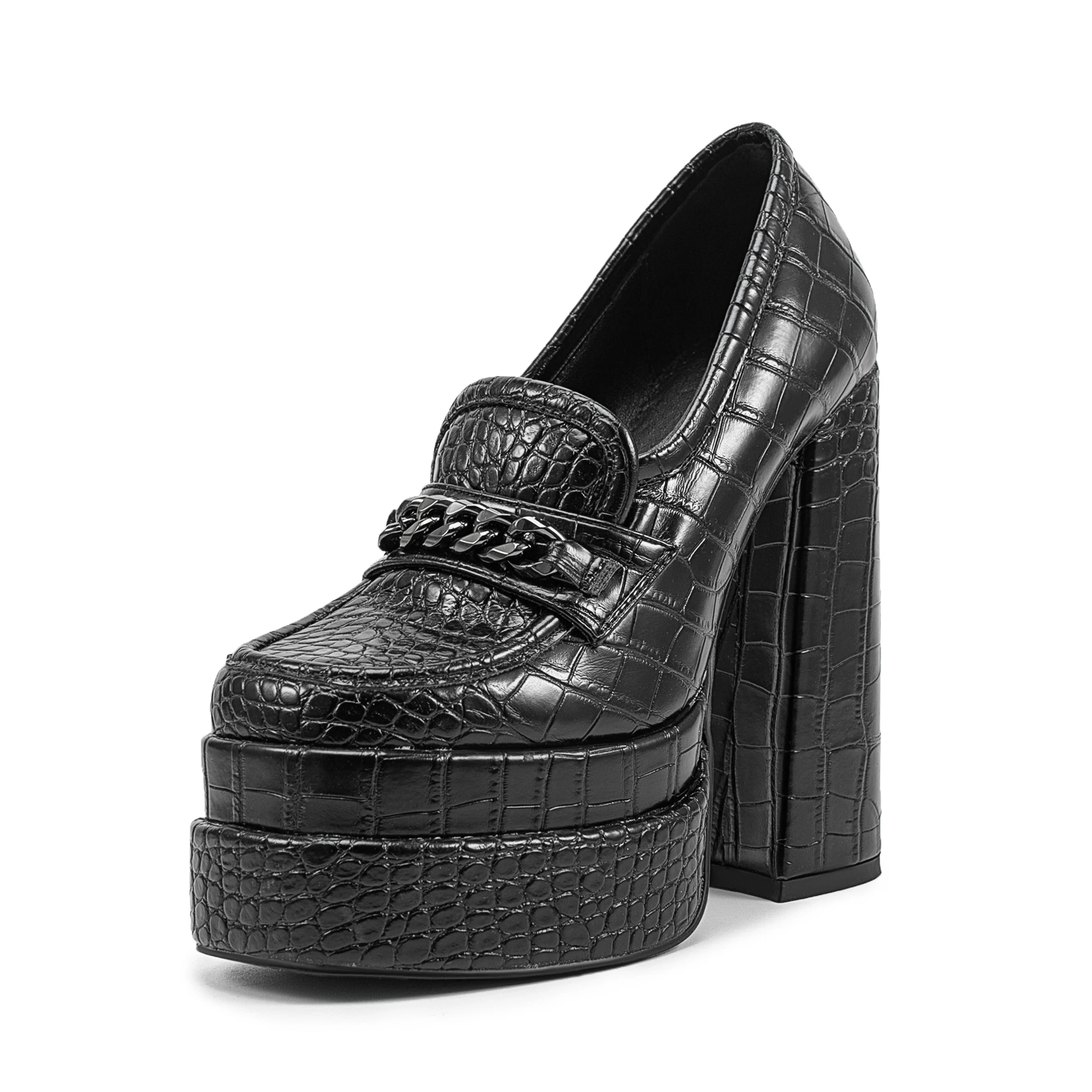 Arden Furtado 2025 Black crocodile pattern Platform high-heeled shoes round toe pull-on Super high heel Single shoe
