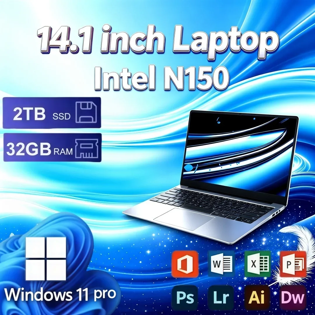 Ultra-thin Laptop Intel N150 2026 16GB/32GB RAM Windows11 14.1 Inch Portable 1/2TB Large SSD