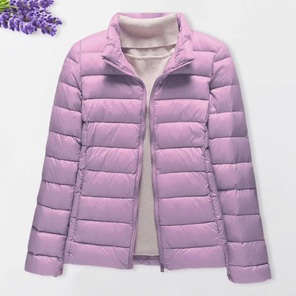 Women Jacket Windproof Winter Down Coat with Stand Collar Pockets Zipper Closure Thickened Padded Long Sleeves Heat for Weather