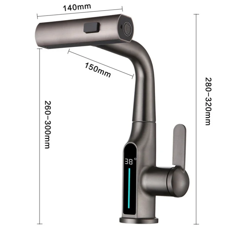 Pulvérisateur d'eau chaude et froide avec affichage numérique de la température, robinet de lavage, robinet d'évier, bassin de cascade, ascenseur vers le bas, 3 modes