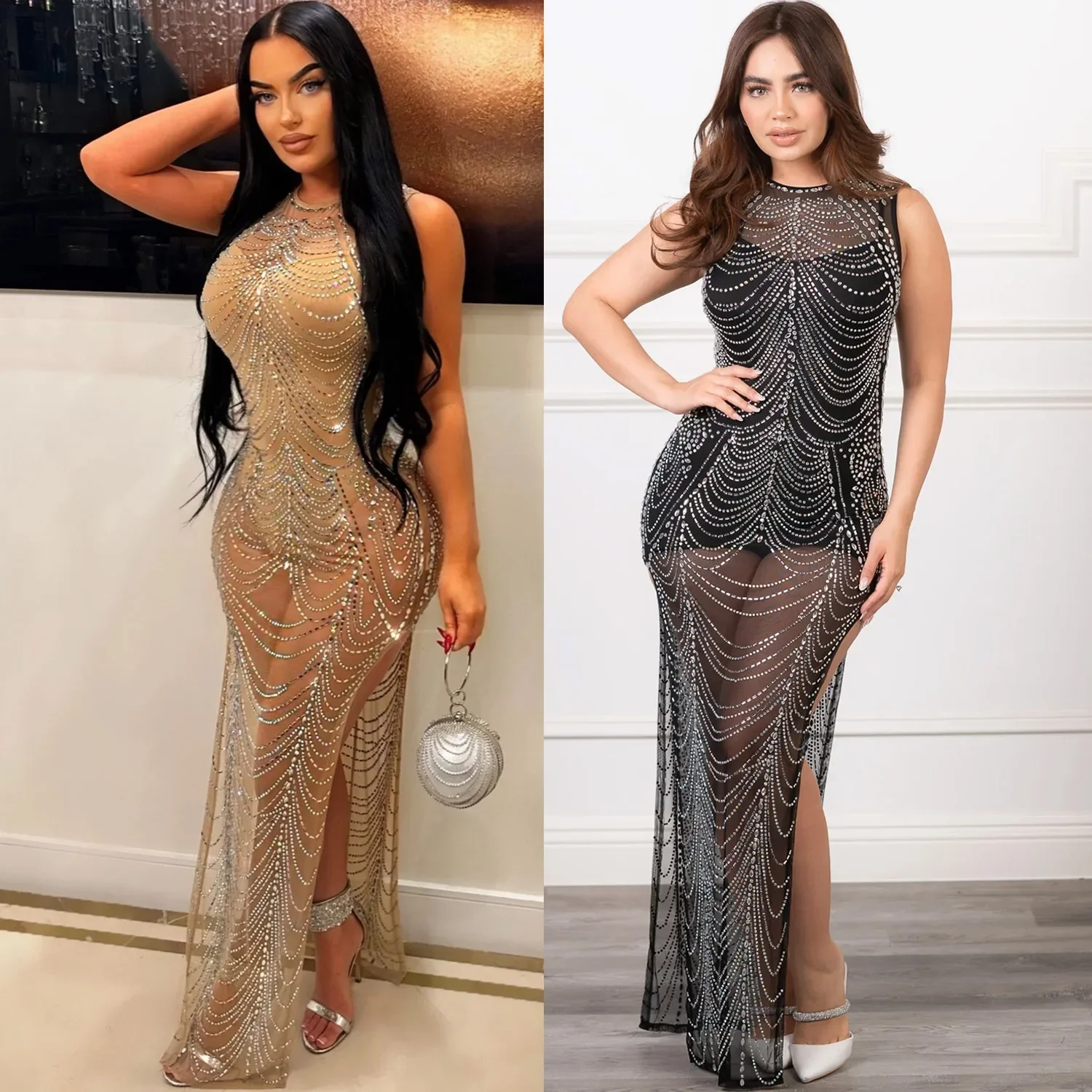 

Women's Sexy Round Neck Jumpsuit and Floor Skirt, Irregular Mesh, Hot Diamond, Nightclub Stage Perspective, Autumn, Winter, New