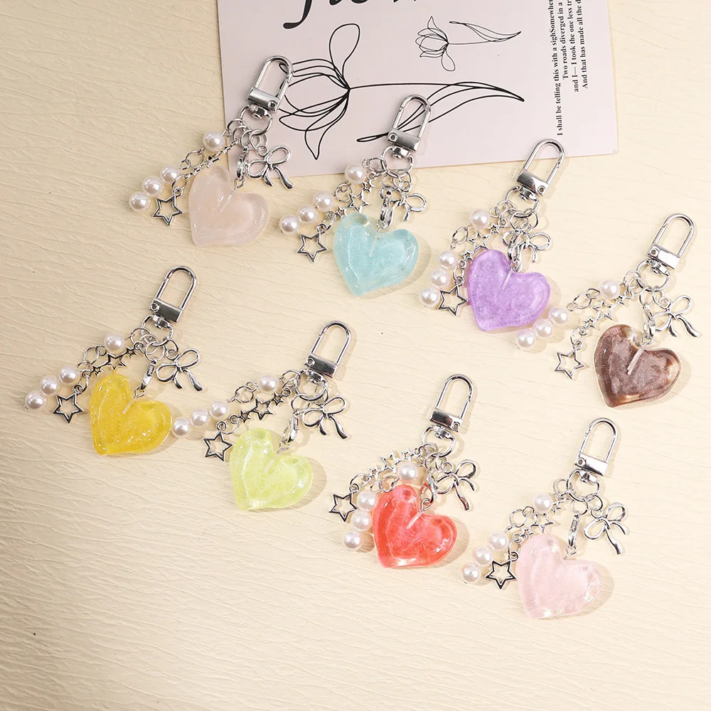 Japanese And Korean Style Sweet Cute Kawaii Silver Star Resin Love Keychains Bow Phone Chain Simple Versatile Pendants For Girl