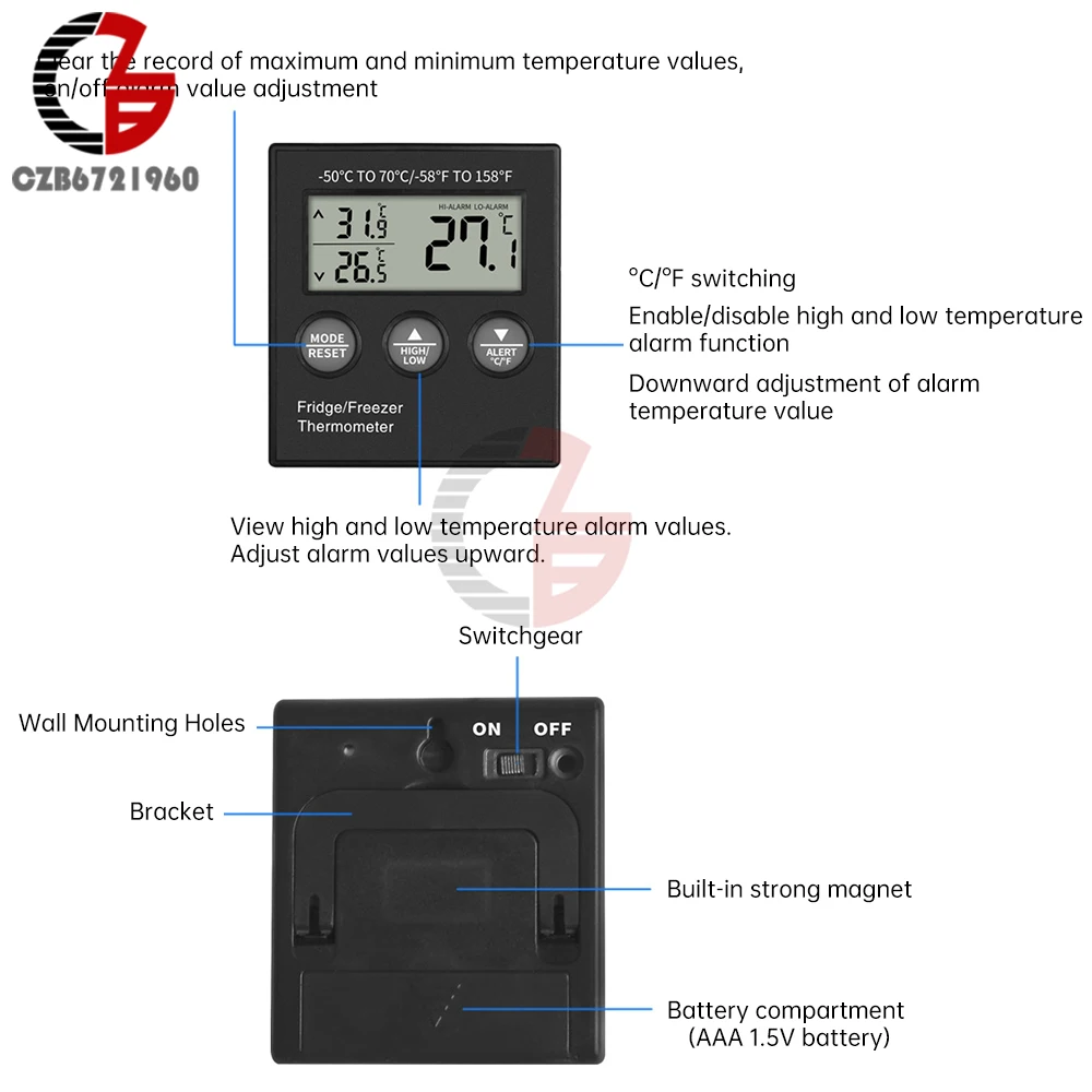 デジタル冷蔵庫温度計,冷凍庫温度計,水族館水タンクメーター,外部センサー付き高温および低温アラーム