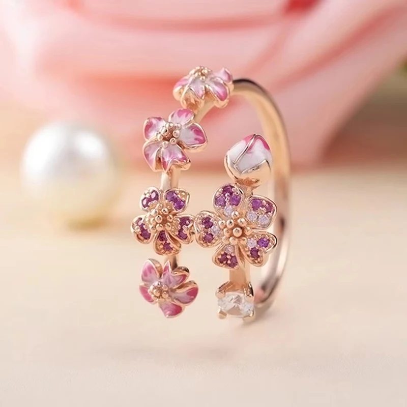 FTCY S925 Silver Rose Enamel Peach Blossom With Crystal Ring For Women Fit for Couple Rings-Simple and Fine Jewelry Wedding Part