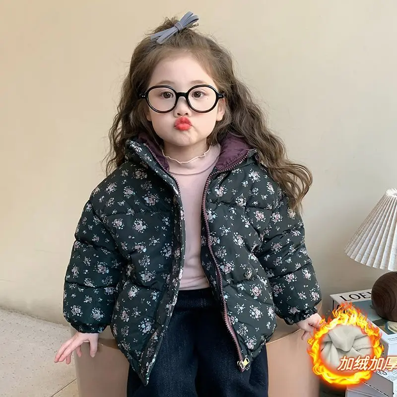 

Baby Girls' Cotton Jacket Winter New Style Children's Plush Thickened Floral Coat Cotton Padded Clothes
