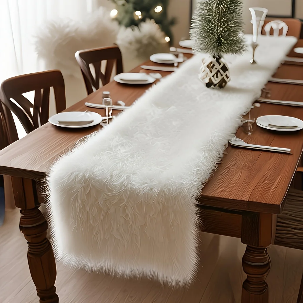 VIKAMA White Shaggy Faux Fur Table Runner Soft Plush Table Scarf for Christmas Banquet Dining Table Holiday Home Table Decor
