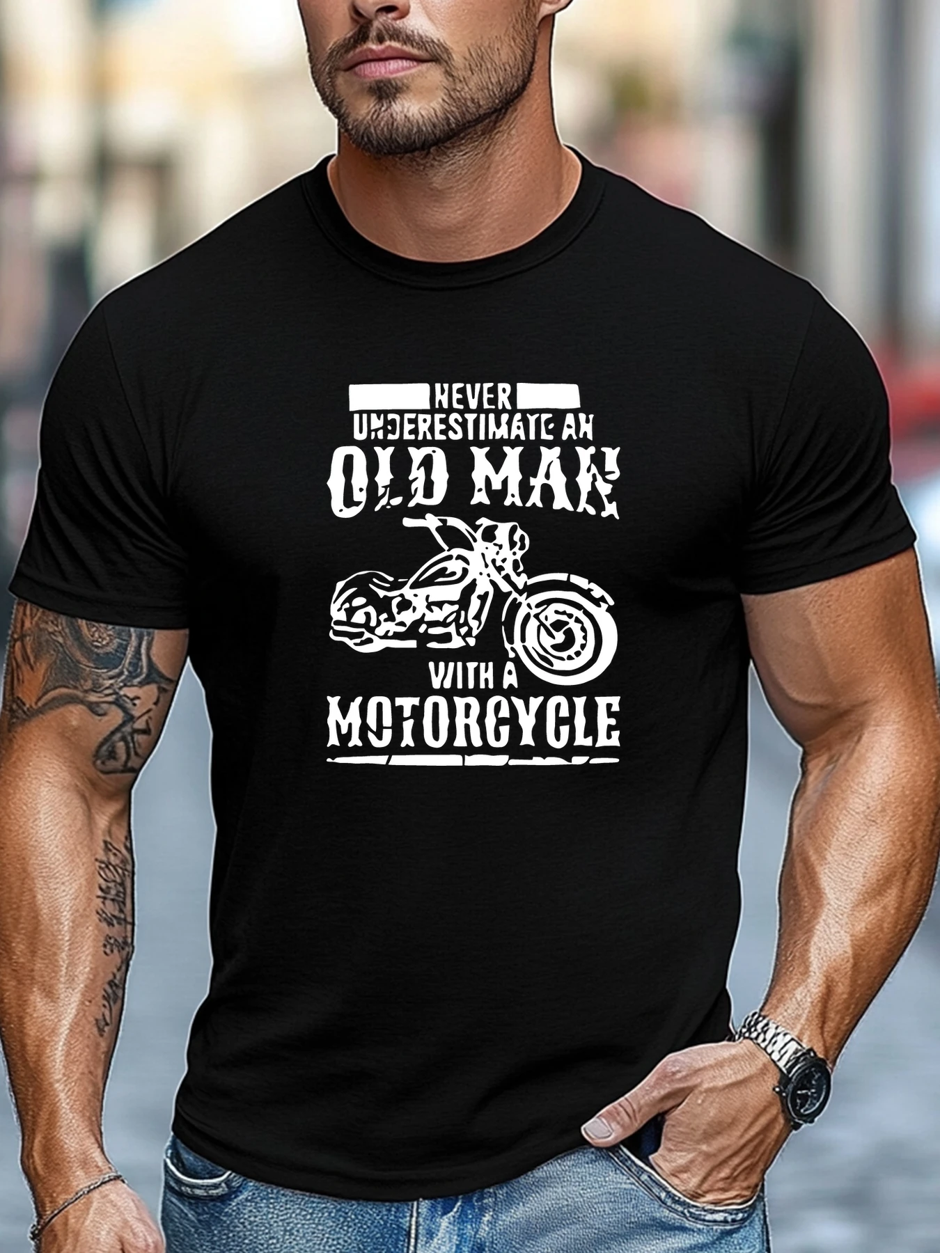 Simple and Clean, Minimalist and Stylish, Men's Never Underestimate an Old for Man with a Motorcycle Graphic Summer Casual Crew Neck Short-sleeve T-shirt, PLUS SIZE