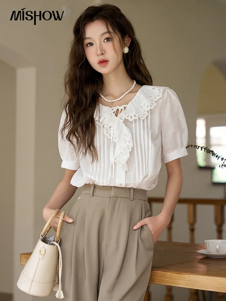 MISHOW Lace-up V Neck Short Sleeve Blouse 2023 Summer Korean 100Cotton Doll Collar Sweet Puff Sleeve Female Solid Top MXC33C0050