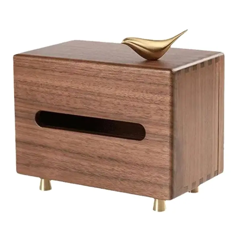 

YANA50I Tissue Box Desktop Decoration Black Walnut Copper Bird Living Room Wooden Tissue Box