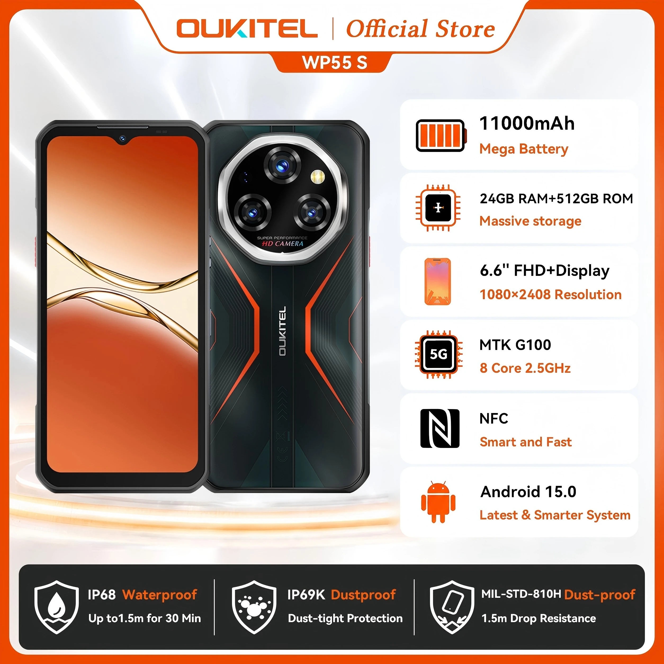OUKITEL WP55S Rugged Smartphone Android 15 11000mAh 33W Fast Charge 24G(8+16)+512G 6.58''HD+120Hz NFC Dual SIM