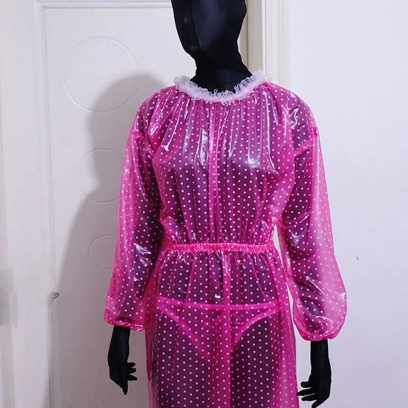 PVC Polka Dot Transparent Sexy Long Sleeved Lace Round Neck Dress Soft Smooth Silent ABDL Waterproof Loose Plastic Long Skirt