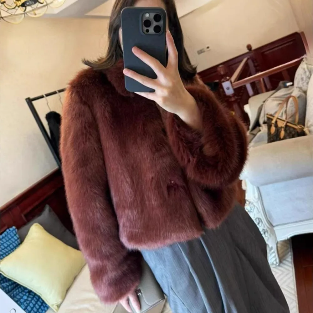 Winter Brown red Turn down Collar Lapel Hairy Shaggy Soft Faux Fur Coat Women Full Sleeve Furry Warm Jacket Short Outerwear