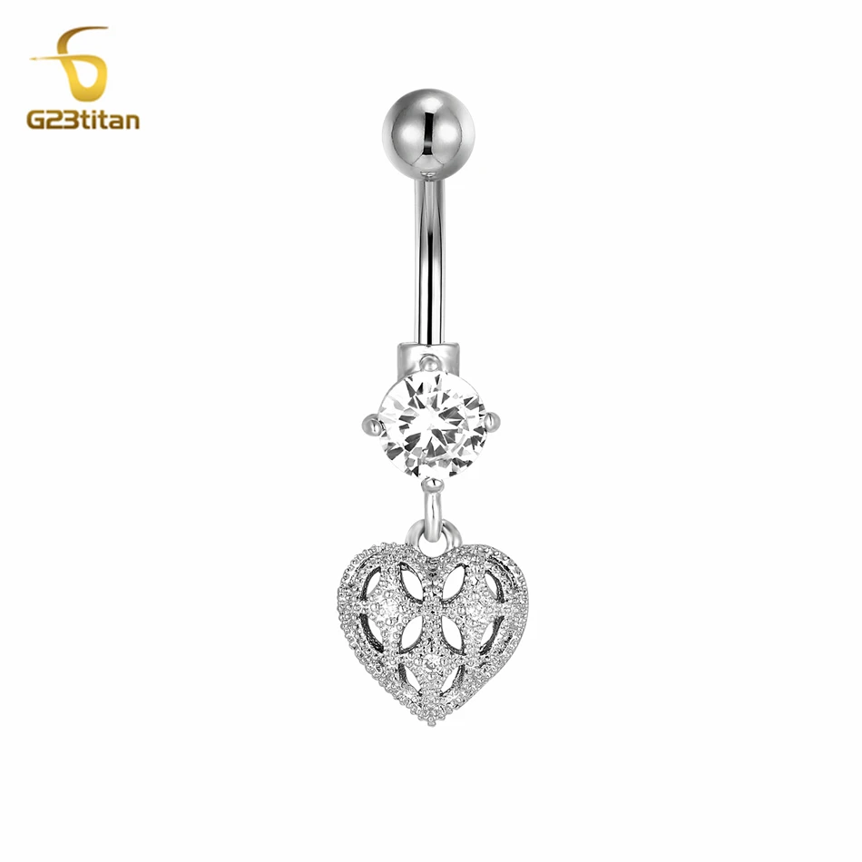 Silver Plated Navel Rings Hollow Heart Belly Button Piercing Earring 14G 10mm Titanium Barbell Body Jewelry Women Summer Jewels