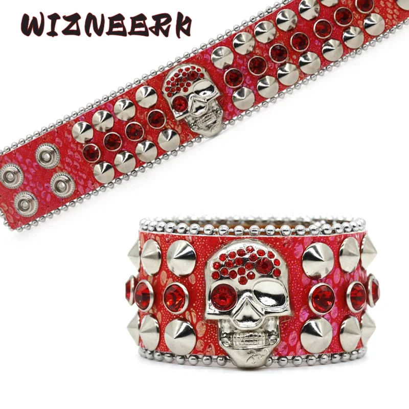 

WIZNEERK Punk Y2K Skull Luxury Rhinestone Bracelet PU Leather Hip-hop Romantic Goth Crystal Bracelets Gift Party Accessories