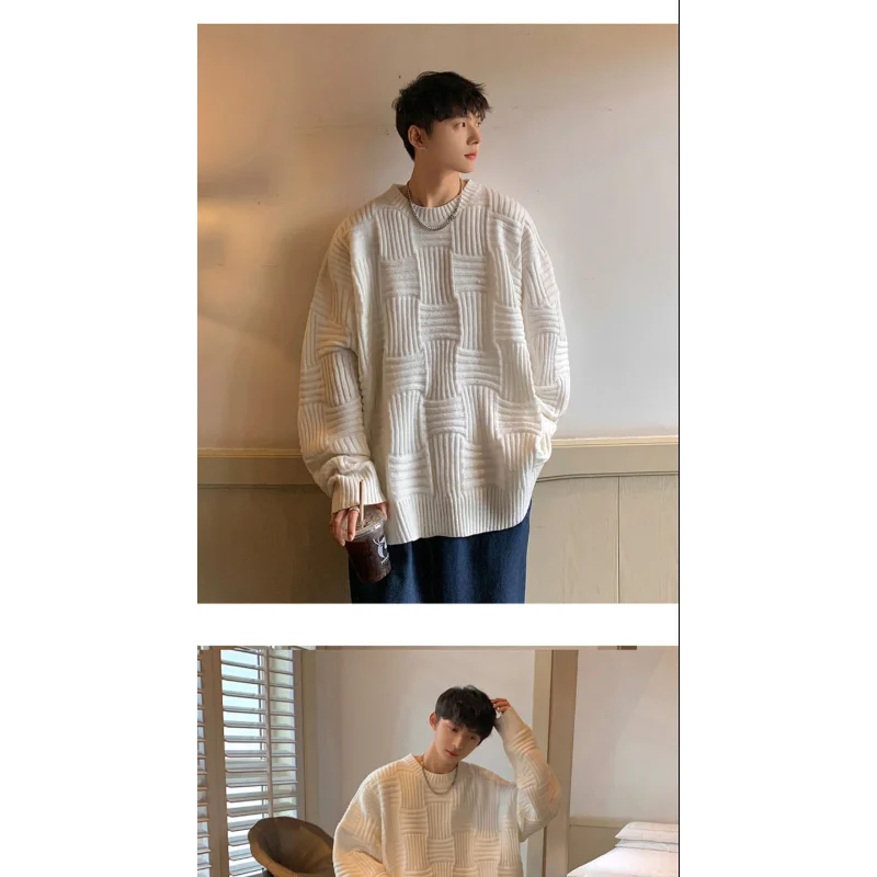 Suéter masculino com gola redonda, marca da moda, solto, tridimensional, tecido xadrez, vento preguiçoso