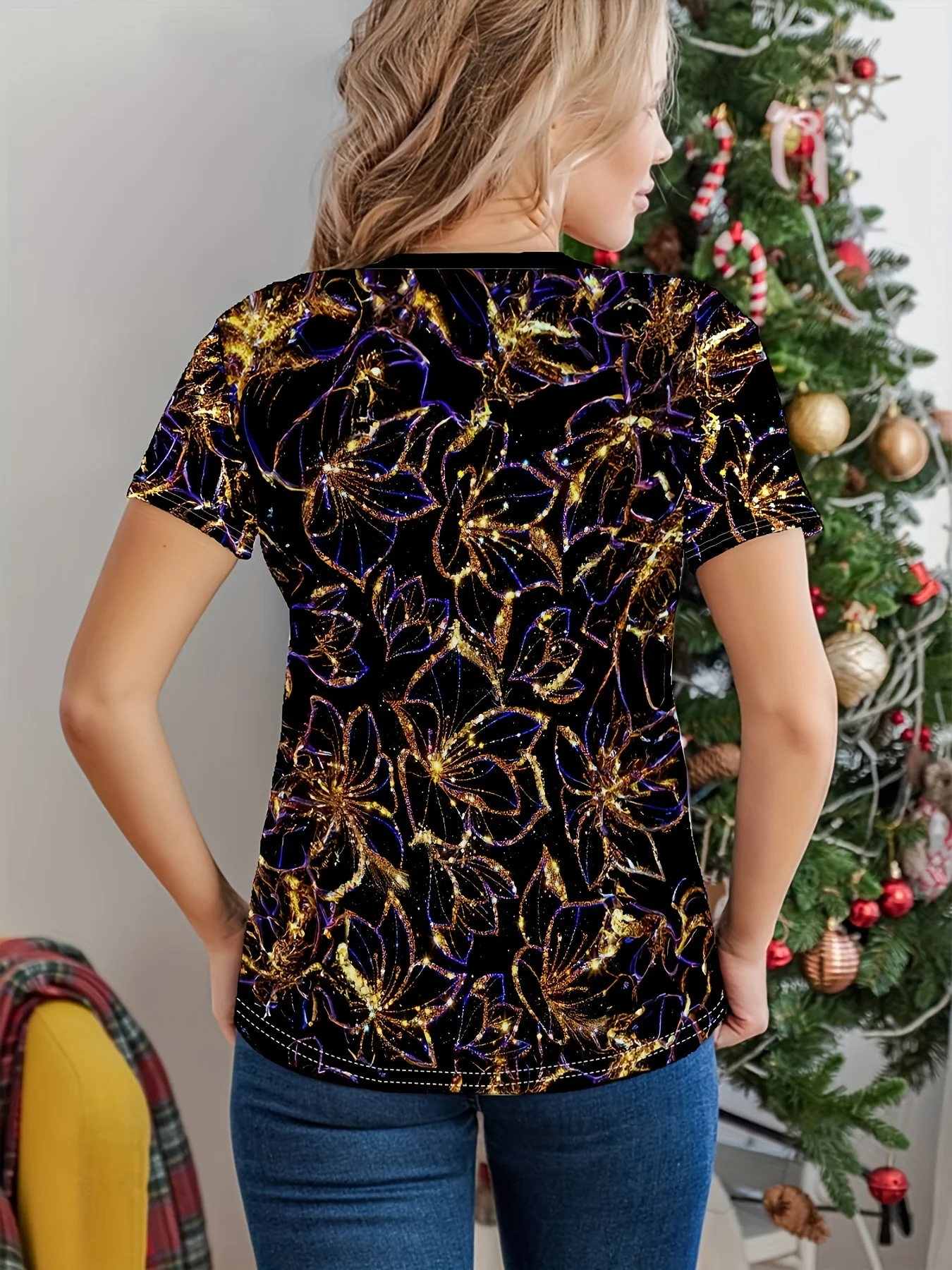 Women's Tee - Glittering Gold & Purple Floral Pattern Graphic, Luxe Shimmering Design for Casual Daily Wear