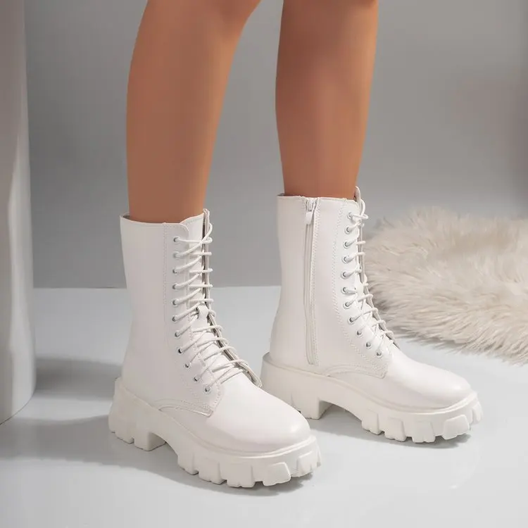 Weiße Plateau-Kampfstiefel für Damen mit Schnürung und seitlichem Reißverschluss, modische Stiefel in mittlerer Wadenhöhe – Detail 5