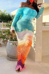 Plus Size Women Gradient Tie Dye Printed Off Shoulder Long Sleeve Maxi Long Midi Bodycon Ruched Dress 2024 Sexy Party Club Dress