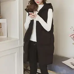 Gilet long à capuche pour femme avec patte de boutonnage zippée, gilet en coton rembourré, vêtements d'extérieur monochromes, poches en fibre, automne et hiver