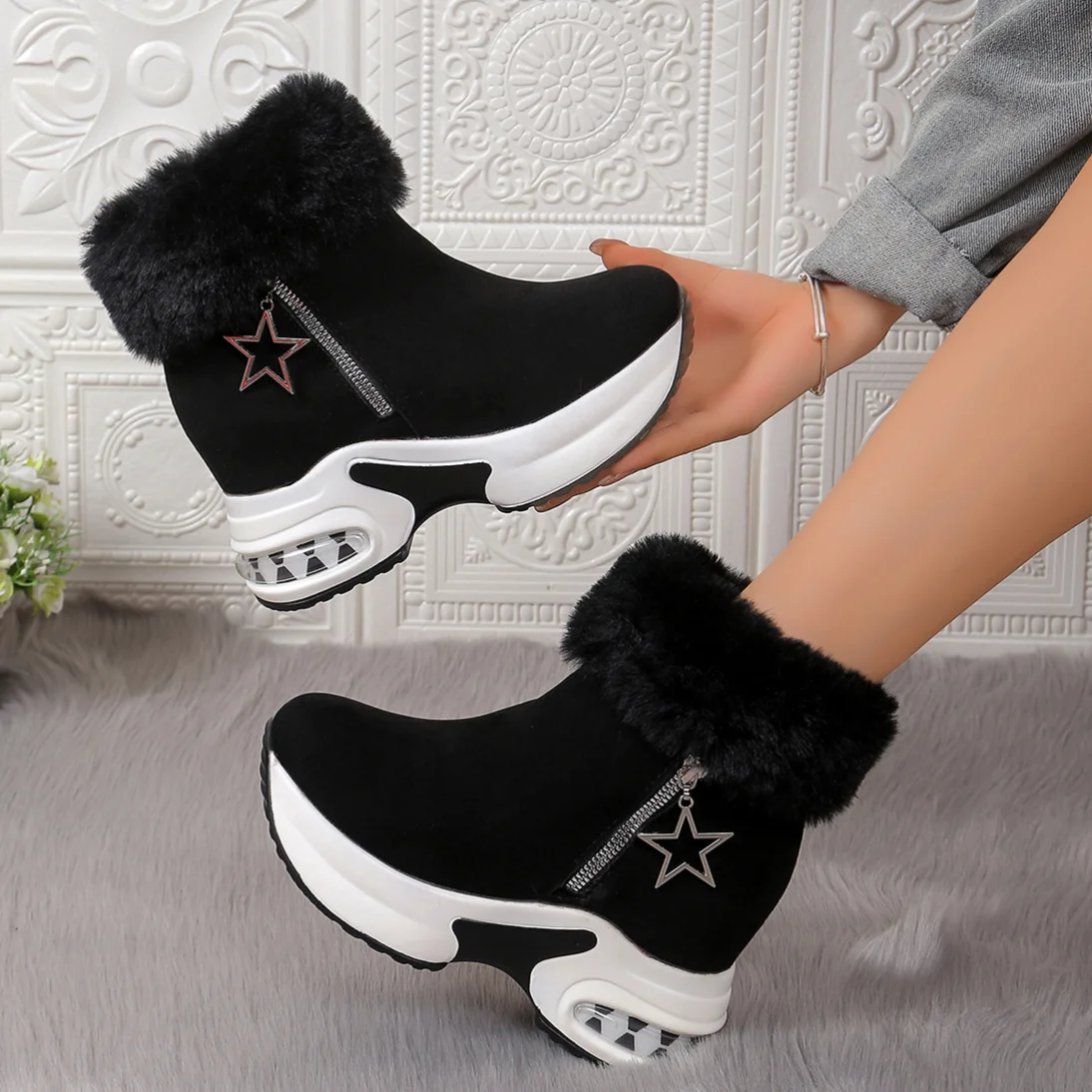 Women Boots Winter 2024 New Casual High Heels Warm Boots Thickened Fluff Wedge Shoes Fashion Outdoor Platform Snow Boots Women