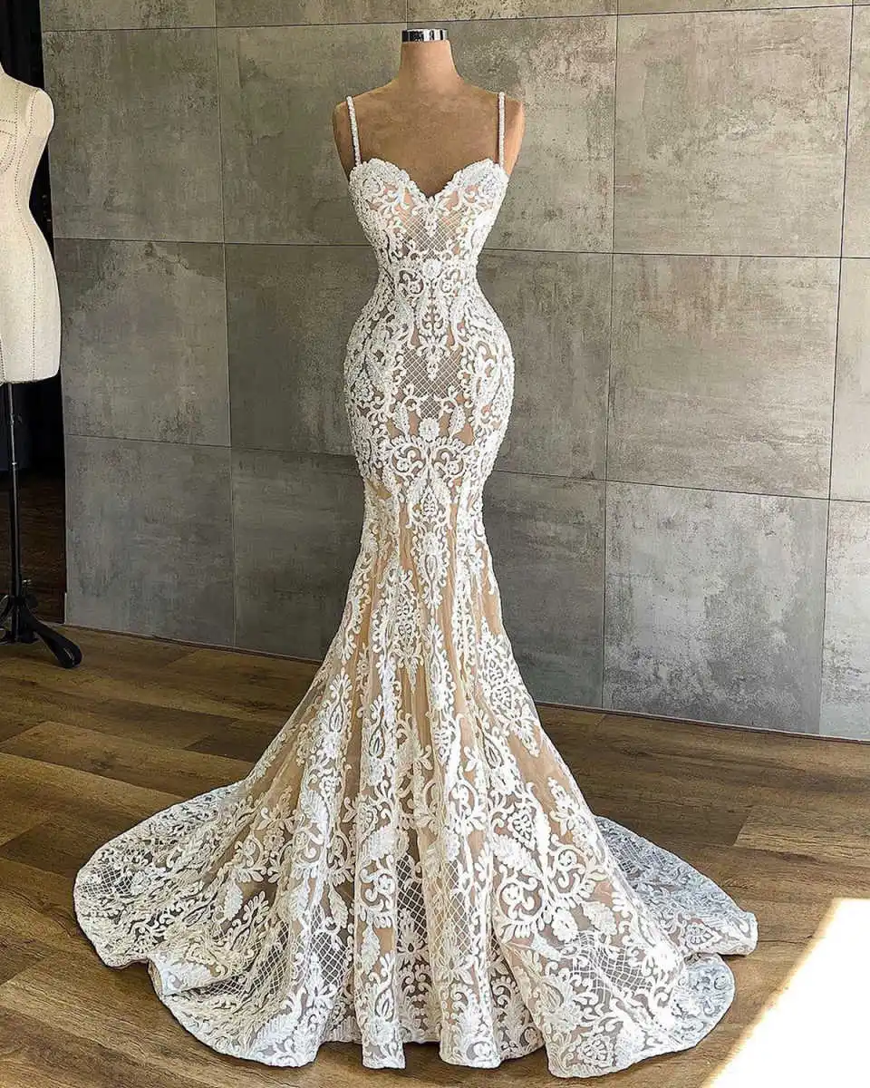 Classic Mermaid Wedding Dresses Appliques Lace Spaghetti Strap Bridal Gown Sweetheart Sweep Train Vestido De Noiva Customized