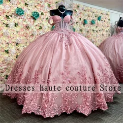 Pink Tulle Appliques Quinceanera Dresses 2025 Lace Beaded Sweet 16 Dress Birthday Party Dress Customized Vestidos De XV Anos