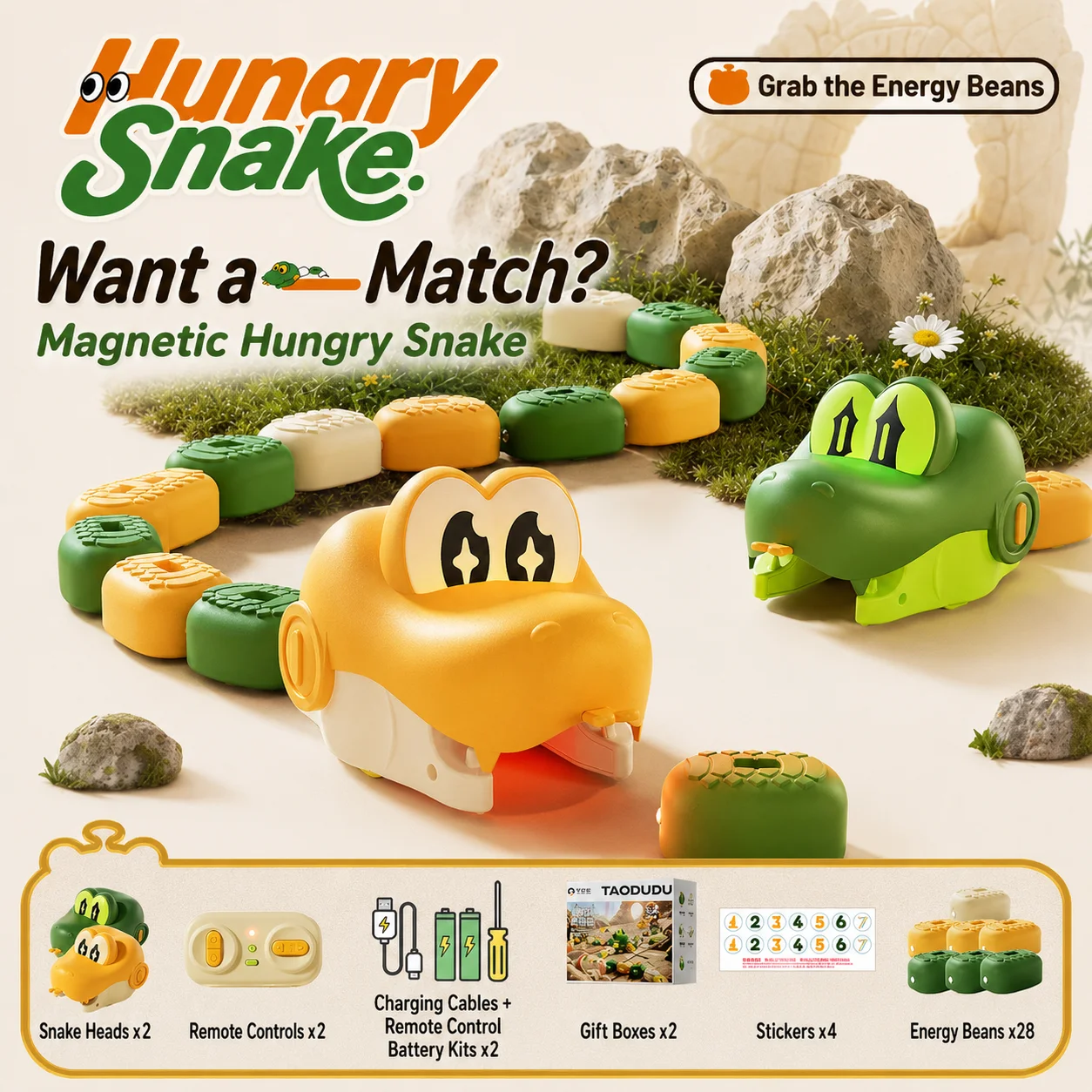 Magnetic Remote-Controlled Greedy Snake Racing 2-player Interactive Toy, with Energy Beans and Rechargeable Remote Control