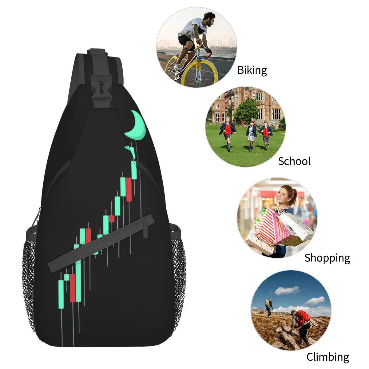 Sac à bandoulière Crypto Candle Moon, poitrine, sac à dos initié, sacs à dos de sport de plein air, sacs d'école à motif de crypto-monnaie