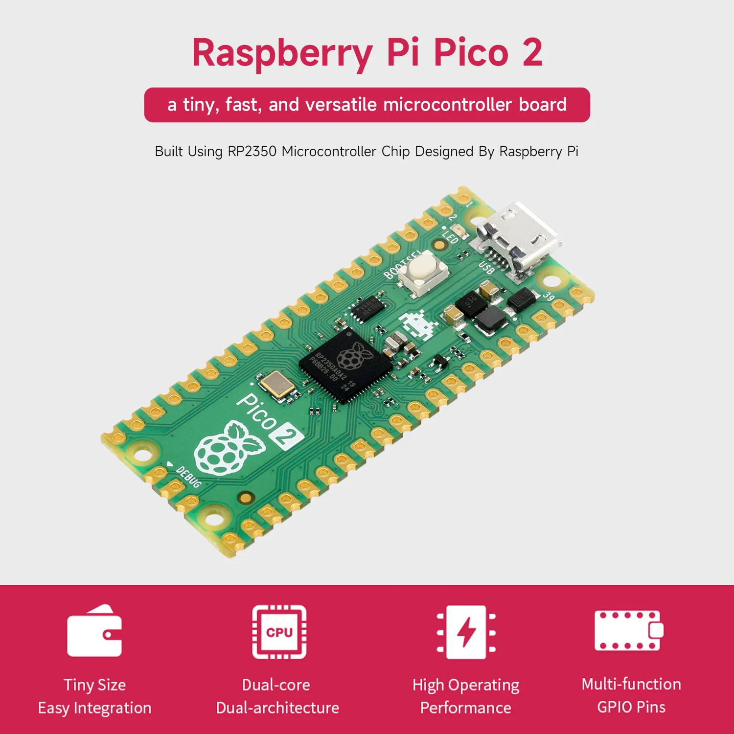 Raspberry Pi Pico 2 Microcontroller Board, Based on Official RP2350 Chip, Dual-core, Designed By Raspberry Pi