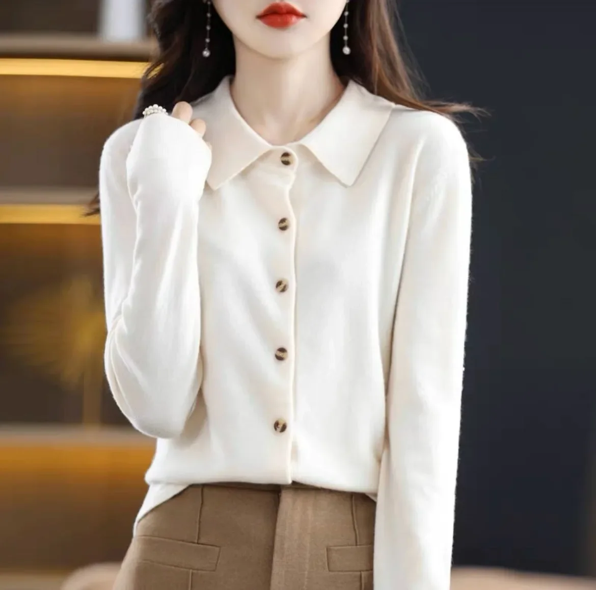 Spring Type  Cashmere Sweater Women Cardigan Shirt Collar Exquisite Polo Collar Long sleeve Sweater Fleece Base Knit