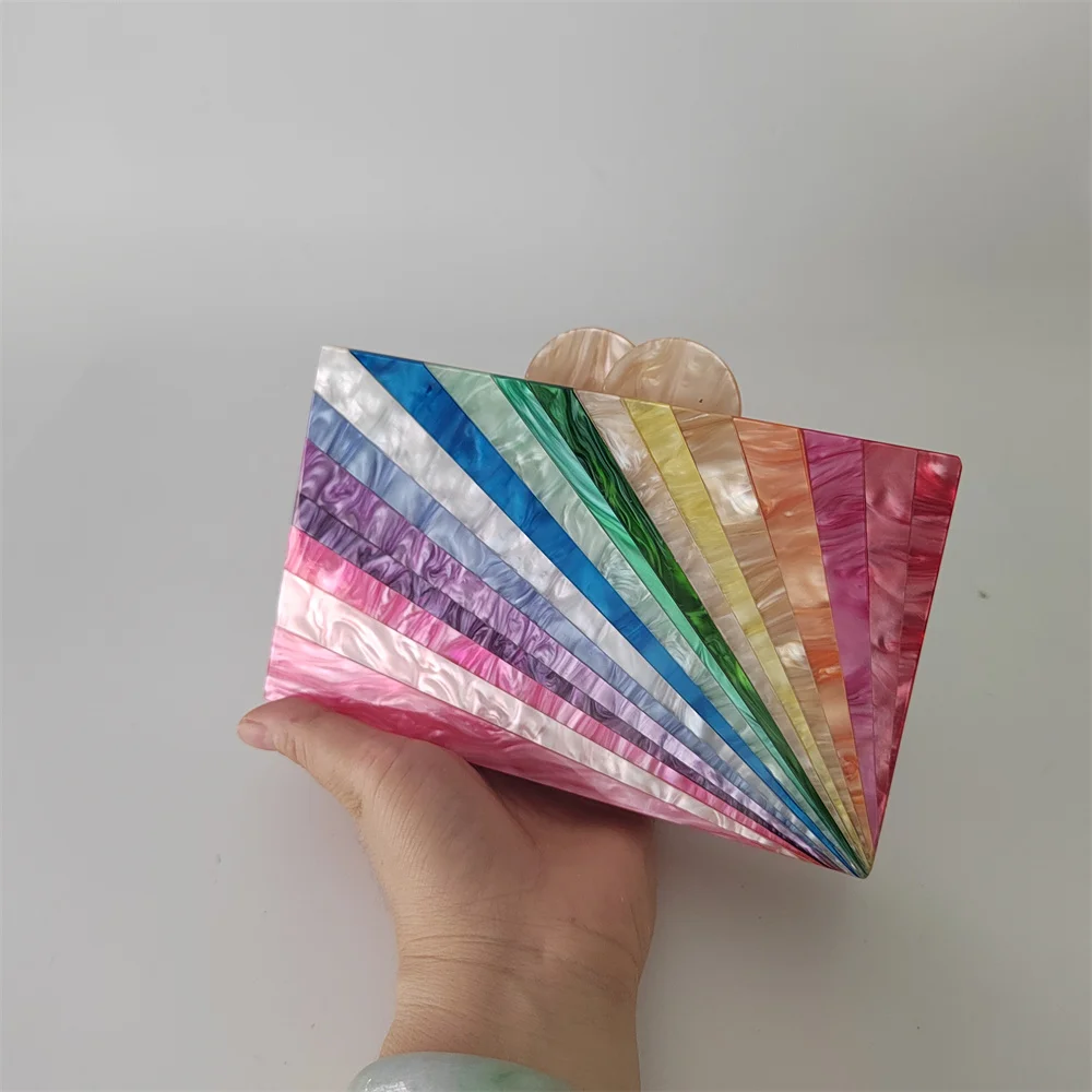 New Colorful Acrylic Striped Box Clutches PVC Handbags Lady Luxury  Women Bags Designer Beach Mini Flap Wallets Bolso Mujer