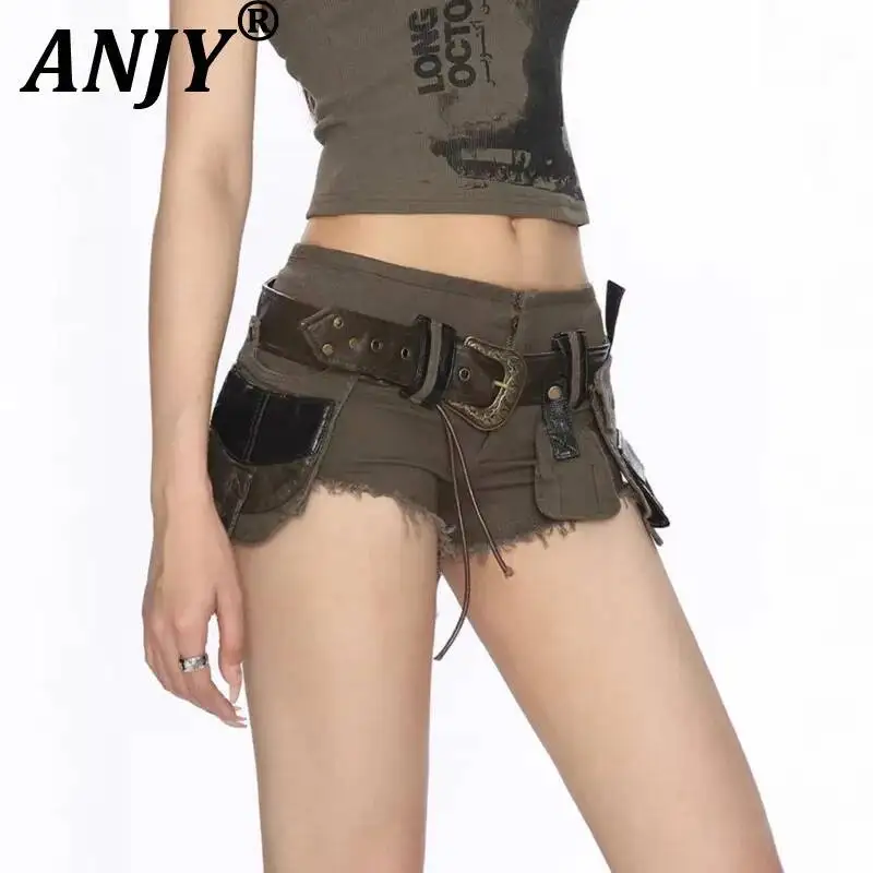 

ANJY Summer New Women High Street Heavy Belt Buckle Ins Cargo Shorts Tide Fashion Frayed Edge Patchwork Leather Hot Pants A23081