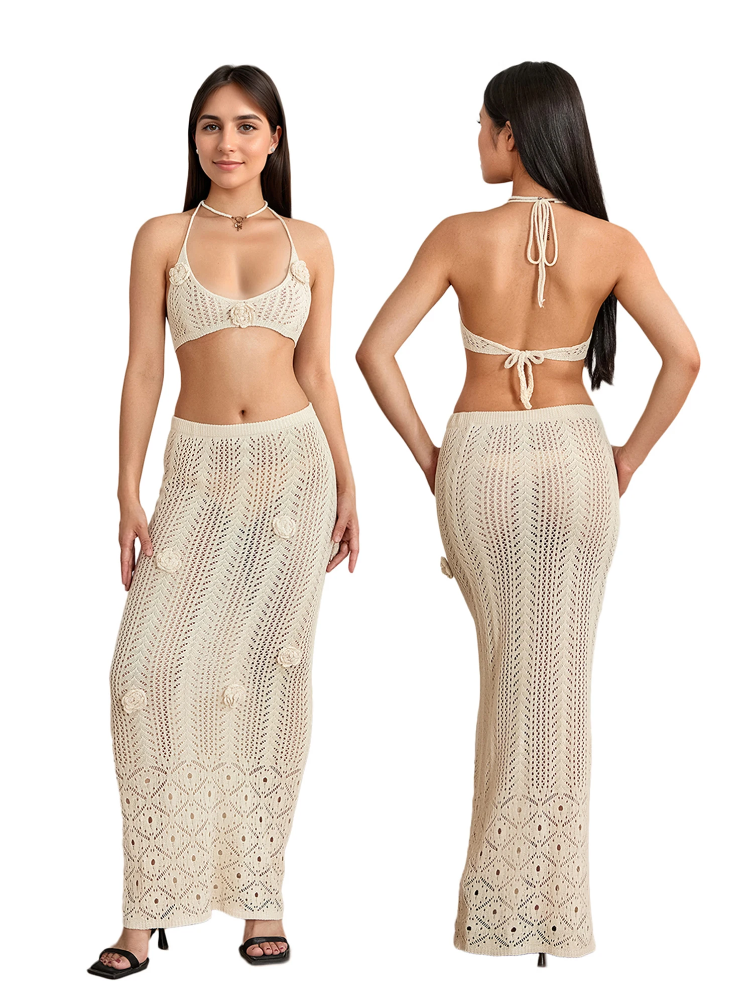 

Women s 2-Piece Beach Cover Up Set with Sleeveless Halter Neck Knit Top and Long Hollow Out Skirt for Summer Vacation