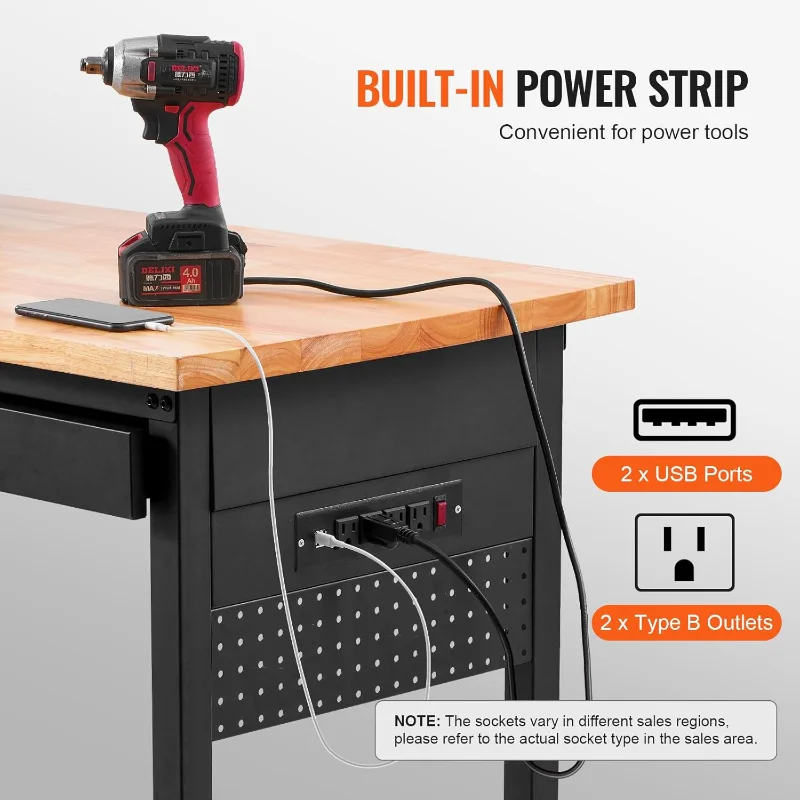 VEVOR 60" Adjustable Workbench, 1500 lbs Load Capacity, Work Bench with Drawer Storage, Power Outlet, Wheels, and Pegboard