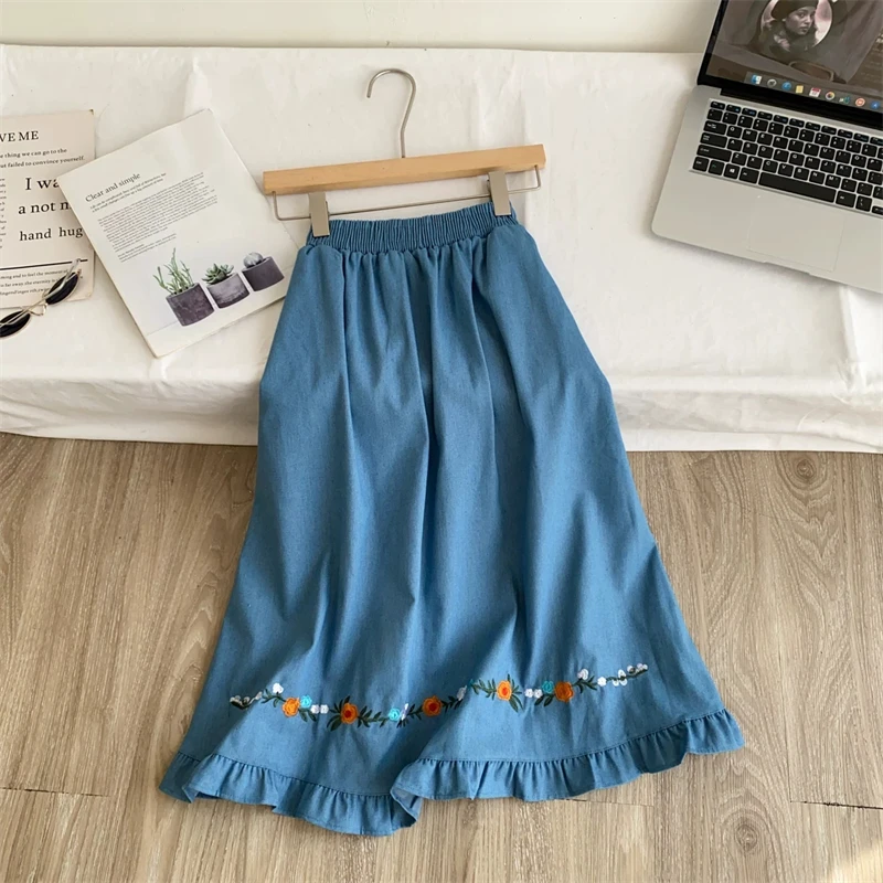 Women Embroidery Denim Midi Skirt Elastic High Waist Ruffle Hem A‑Line Skirt Vintage Floral Embroidered Loose Casual Jean Skirts