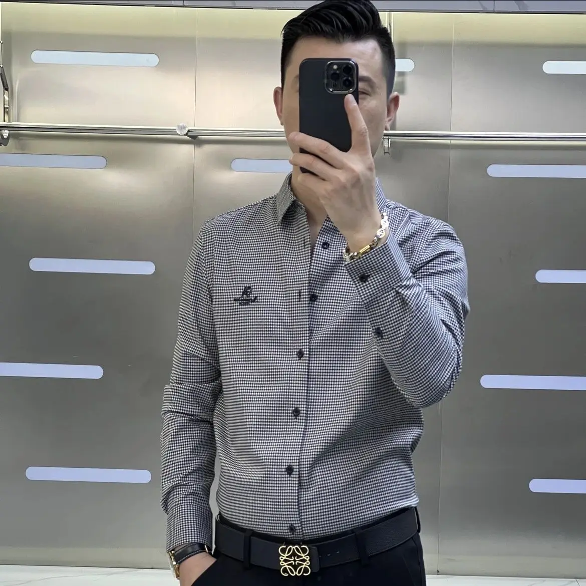 European High-quality Early Autumn Men\'s New Long Sleeved Checkered Chest Embroidery Craft Shirt, Business Formal Shirt