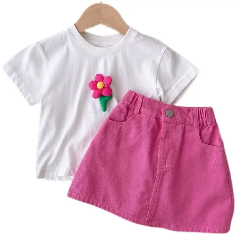 Conjunto de falda corta para niñas, camiseta de manga corta blanca con flores, media falda, 2 piezas, ropa de manga corta para bebés