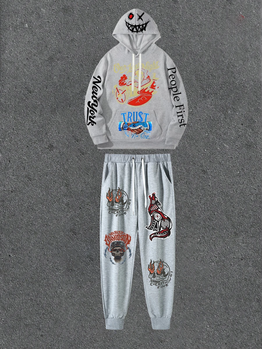 

Gray Double-sided Printed Hoodie Paired With Printed Casual Pants Loose Hoodie Street Style Outfit With Casual Pants