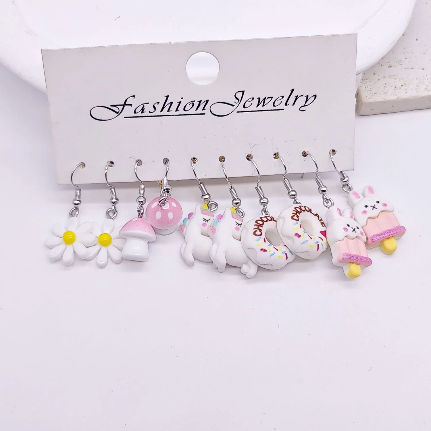 Cross border fashion cartoon animal white horse daisy resin simulation food donut earrings white set