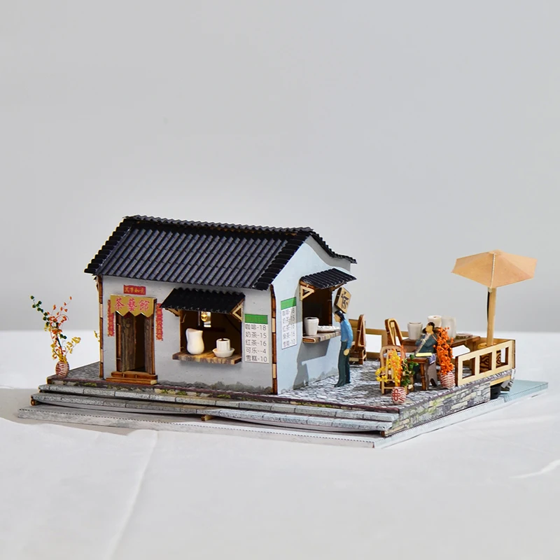 DIY Wooden Doll Houses Jiangnan Town Tea House Casa Miniature Building Kit Dollhouse with Furniture for Girls Birthday Gifts