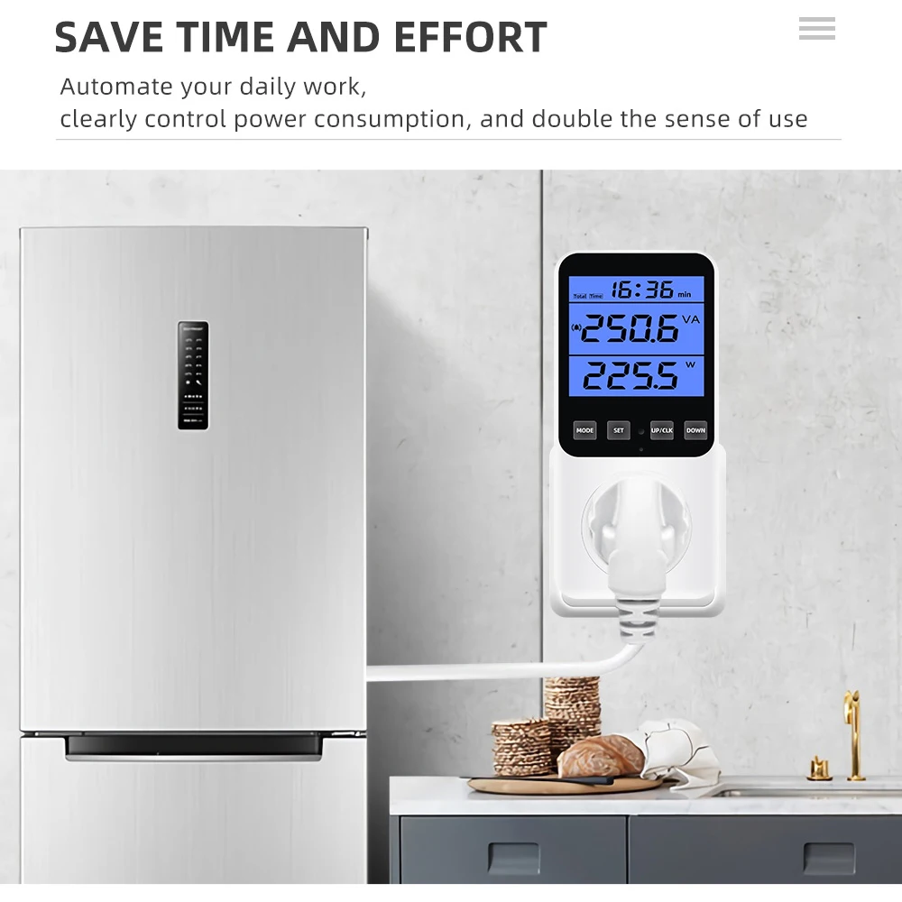 التيار المتناوب مقياس الطاقة المقبس 220 فولت الرقمية LCD Wattmeter الفولتميتر استهلاك واط مقياس الطاقة كيلووات ساعة وتكلفة عرض الاتحاد الأوروبي الولايات المتحدة المملكة المتحدة الاتحاد الأفريقي FR BR
