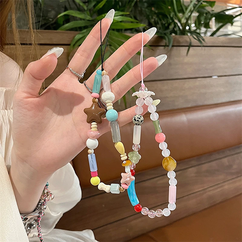 Korea Cute 3D Star Flower Beaded Phone Chain Charm Lanyard For iPhone Samsung Huawei Redmi Universal Accessories Jewelry Pendant