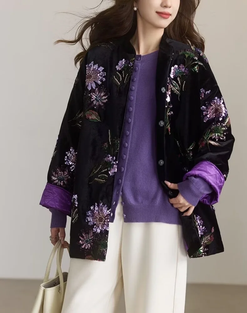 Chinese Style Retro National Embroidered Sequins Cotton Padded Coat Women Autumn Winter New Loose Warm Heavy Velvet Cotton Jack
